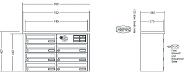 RENZ Briefkastenanlage Aufputz, Tetro, Edelstahl V4A, Kastenformat 370x110x270mm, mit Klingel - & Lichttaster und Vorbereitung Gegensprechanlage, 7-teilig